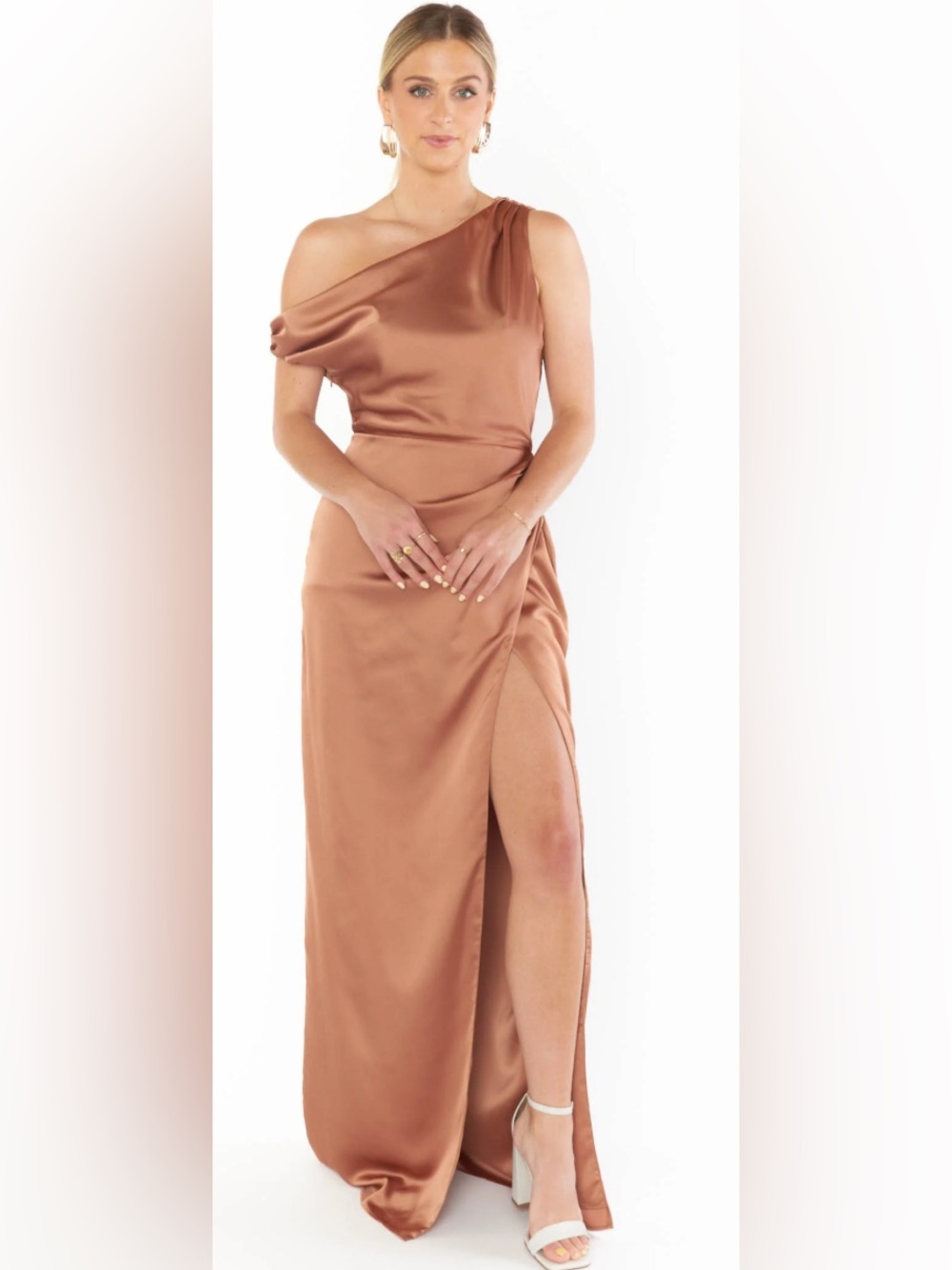 NWT Show Me Your MuMu One-Shoulder Satin Maxi Dress in Copper Brown/Tan Sz M